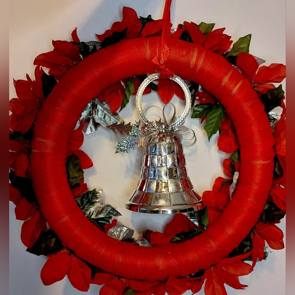 "Silver Bells" Handmade Floral Christmas Wreath Red and Silver 18x18 - Picture 4 of 5